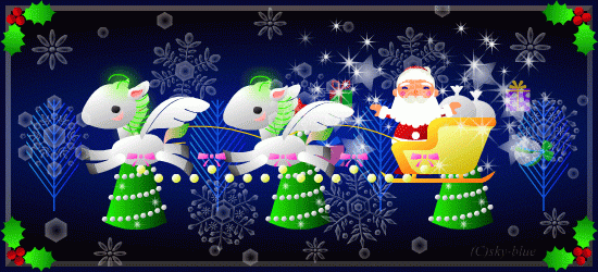 ペガサスのソリに乗ったとサンタクロースがプレゼントを配るアニメーション：背景はクリスマスツリーと雪の結晶