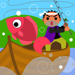 漁師が魚を釣り上げているイラスト