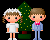 クリスマスツリーをバックに降ってくる雪に感激している男の子と女の子のアニメ（額無し）