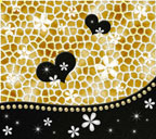 黄色系背景の花、宝石、黒ハート付きヒョウ柄のスマートフォン壁紙