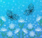 水色背景の白い花と黒い蝶のスマートフォン壁紙